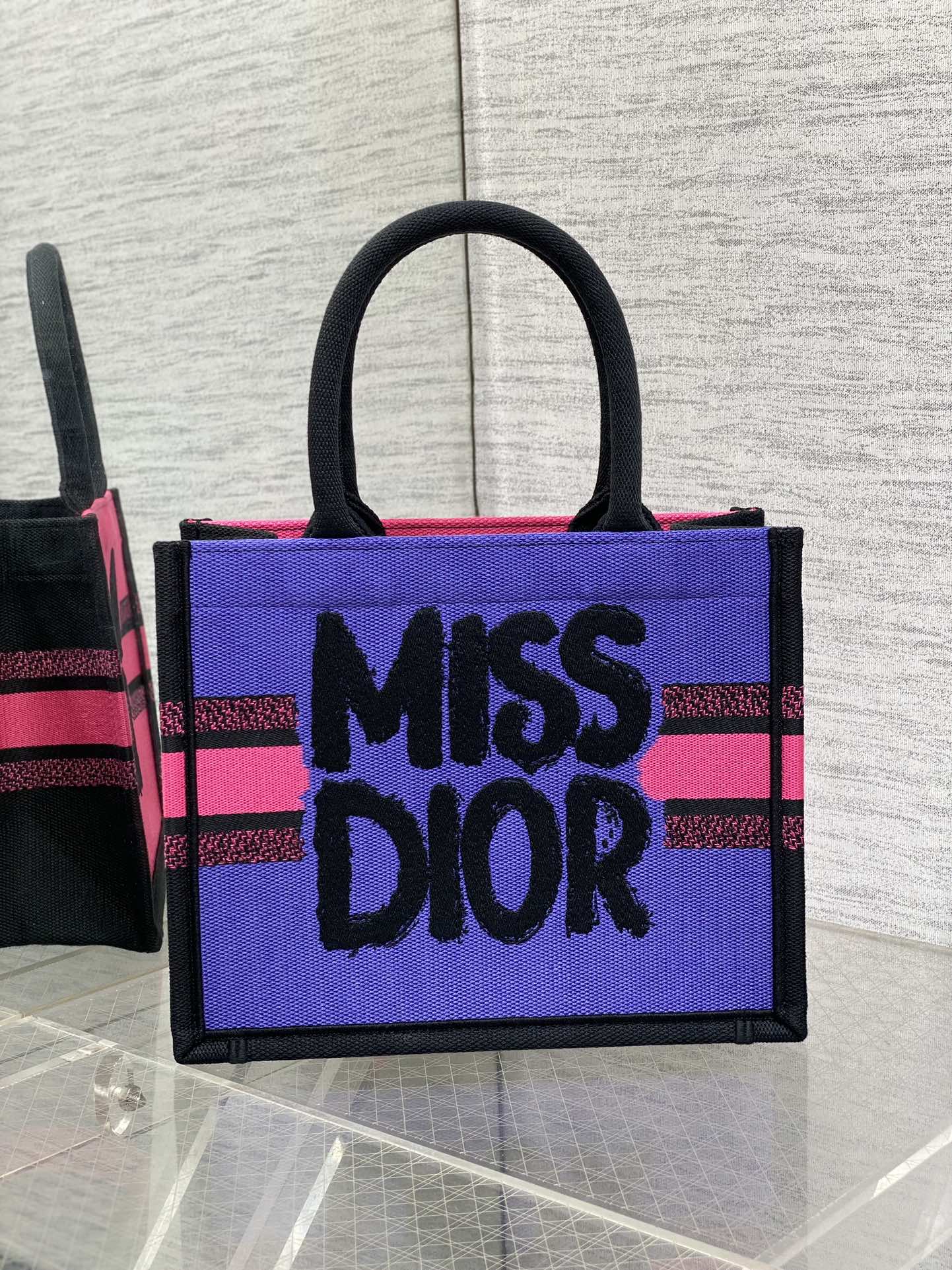 Small Dior Book Tote Bag Two-Tone Fuchsia and Purple Miss Dior Graffiti Embroidery